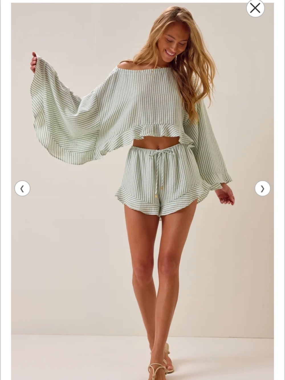 Altar'd State Sage Green Striped Ruffle Hem Drawstring Shorts